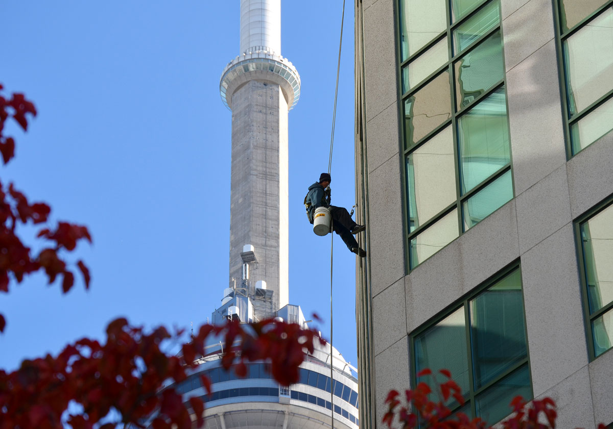 a man is washing the windows of condo building in downtown Toronto, with the CN tower in the background. 
