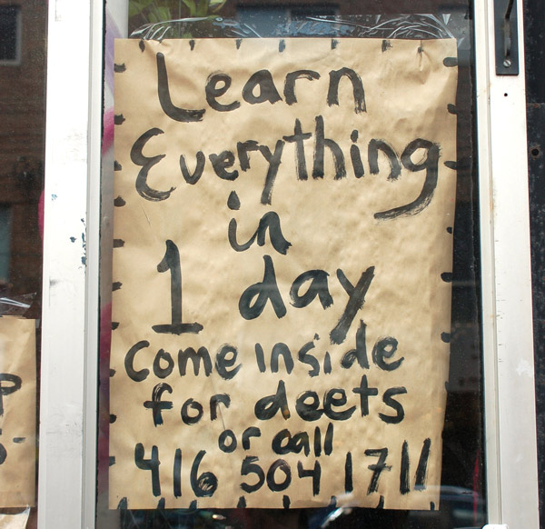 hand written poster that says learn everything in one day