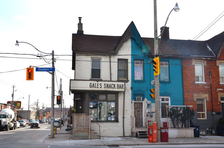 Gales Snack bar on the corner of Eastern Ave and Pape.  An old brick building once painted white but now looking a little grey