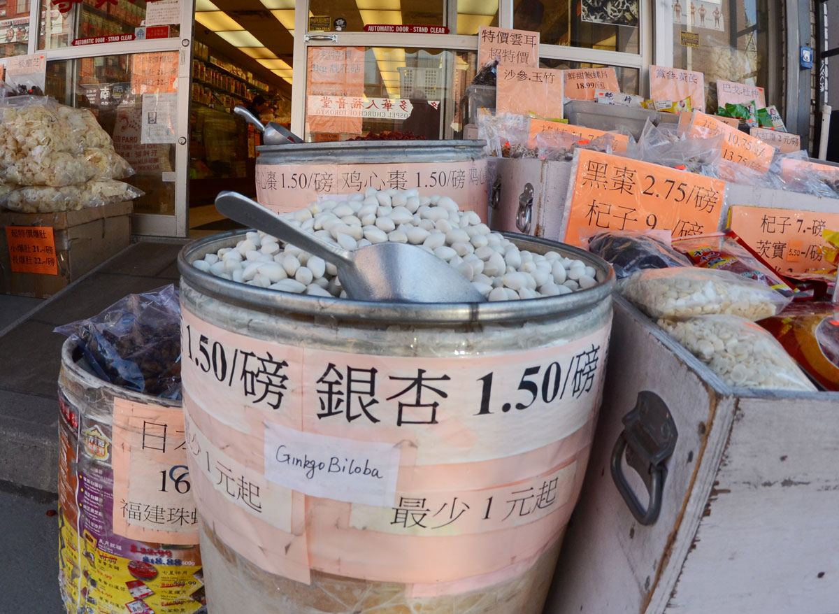 barrels of Asian food items for sale outside a store in Chinatown, including barrels of gingko biloba.  Most of the labels are in Chinese