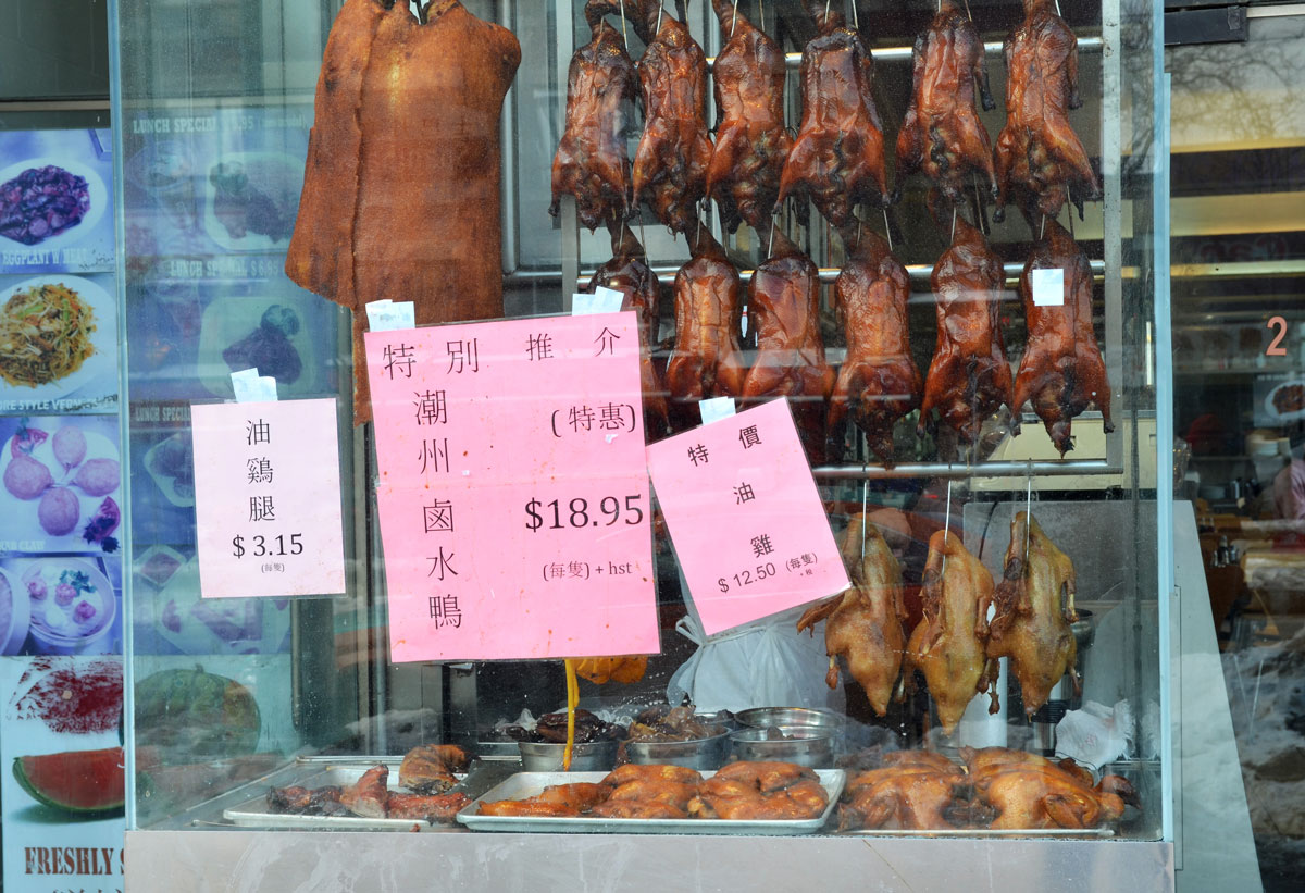 a row of roast ducks hanging in a restaurant window.