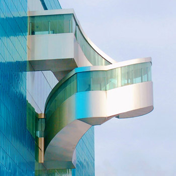 Frank Gehry designed staircase on the exterior of the blue titanium wall of the Art GAllery of Ontario 