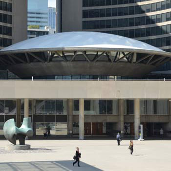 The front of Toronto City Hall including Henry Moore's sculpture titled the Archer 