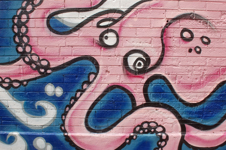 pink octopus graffiti on a brick wall